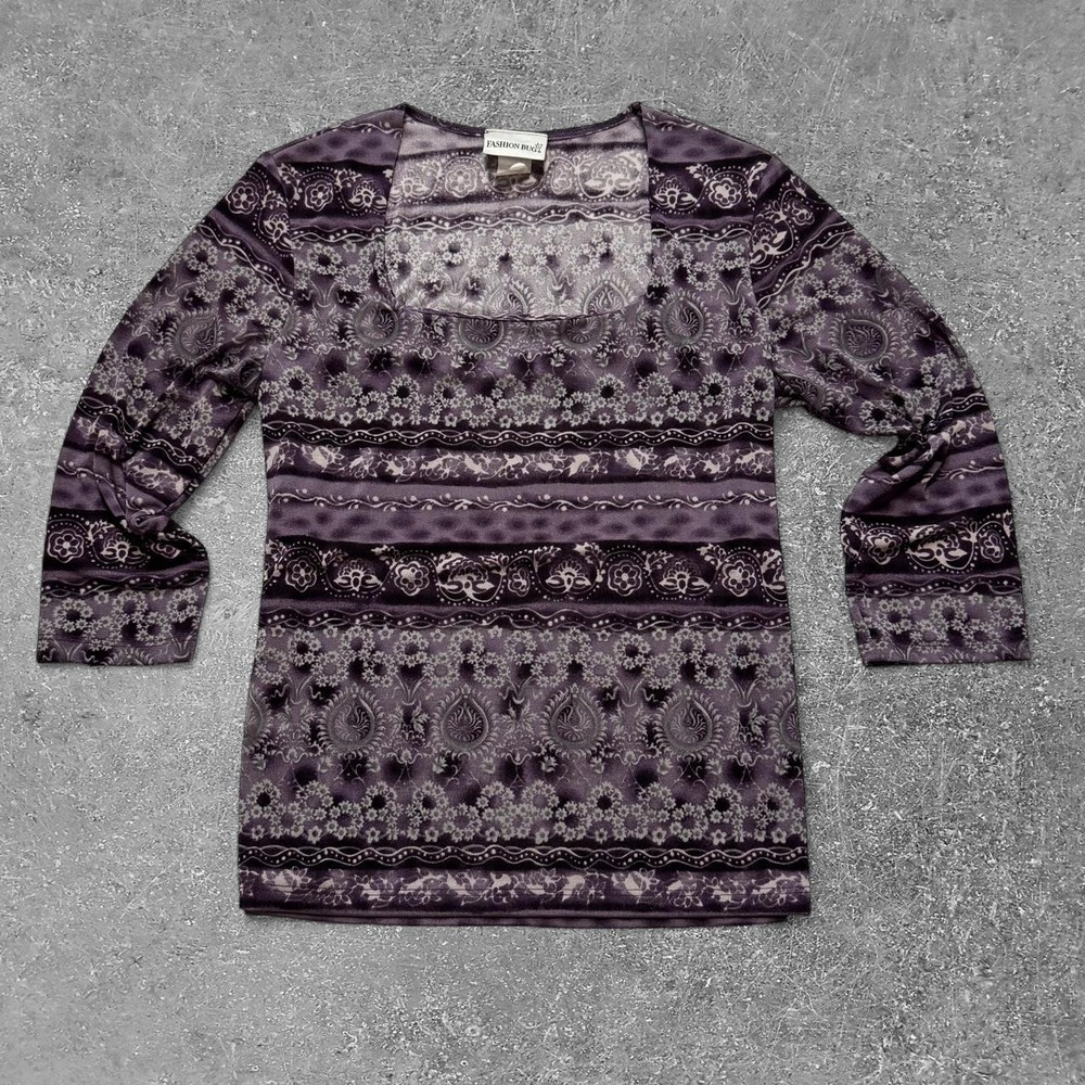 Fashion Bug Purple Paisley Floral Print 3/4 Sleeve Fairycore Blouse Top